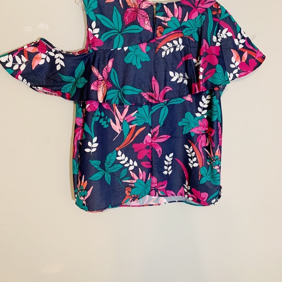 Isabel Maternity (XL) Pink Navy Teal Floral Top with Cold Shoulder and ruffles - Picture 5 of 9
